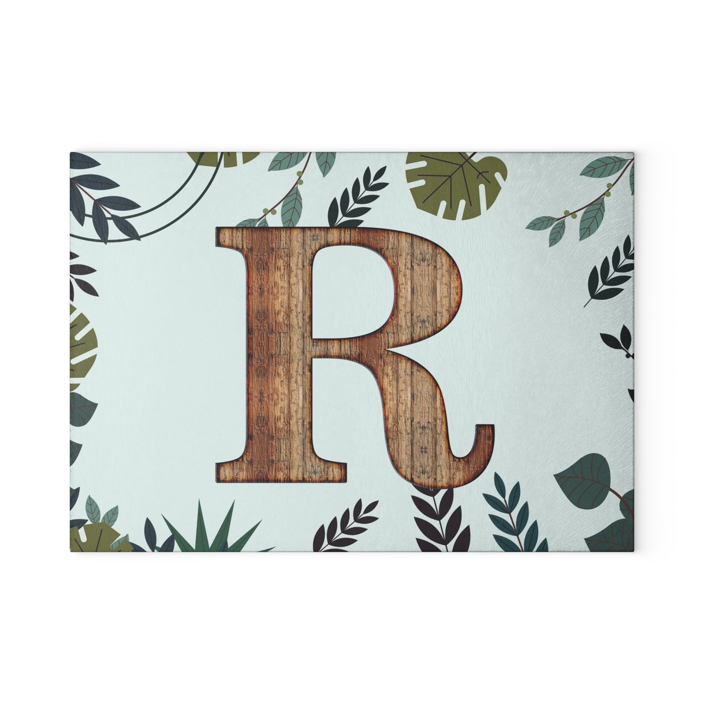 Monogram 'R' Glass Cutting Board — Rustic Wood Letter on Botanical Background
