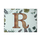 Monogram 'R' Glass Cutting Board — Rustic Wood Letter on Botanical Background