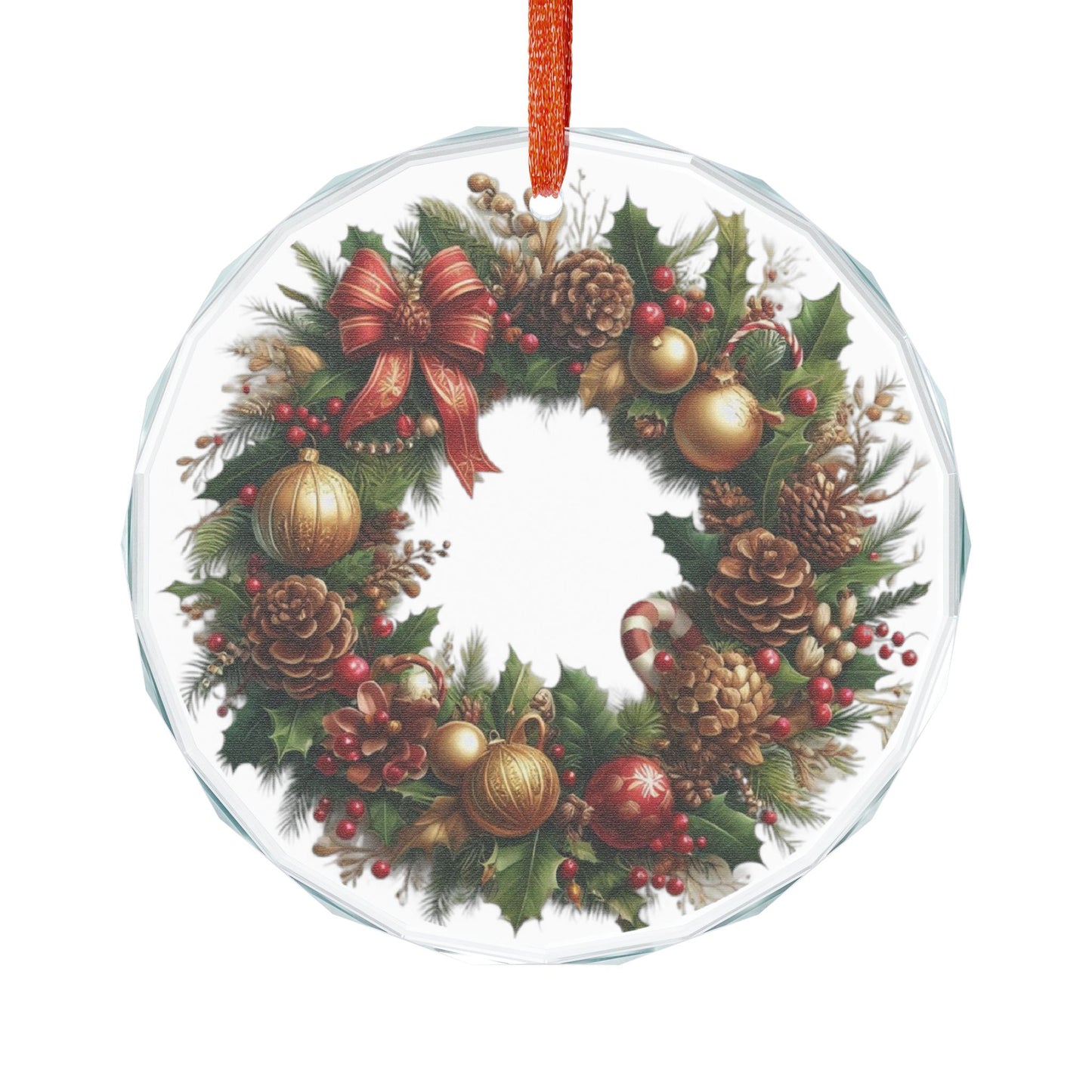 Crystal Glass Ornament — Traditional Pinecone & Bow Christmas Wreath Holiday Ornament
