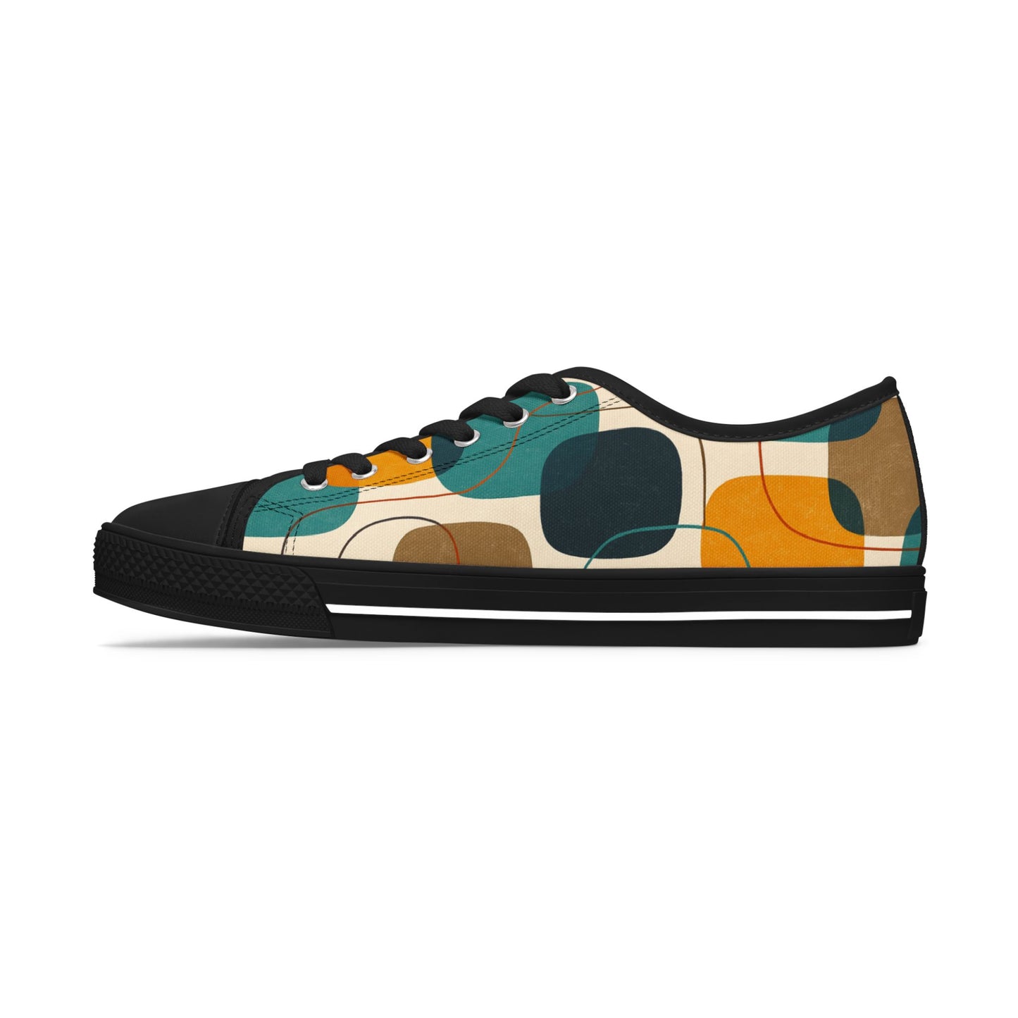 Low Top Sneakers — Retro Abstract Teal & Mustard Geometric Pattern