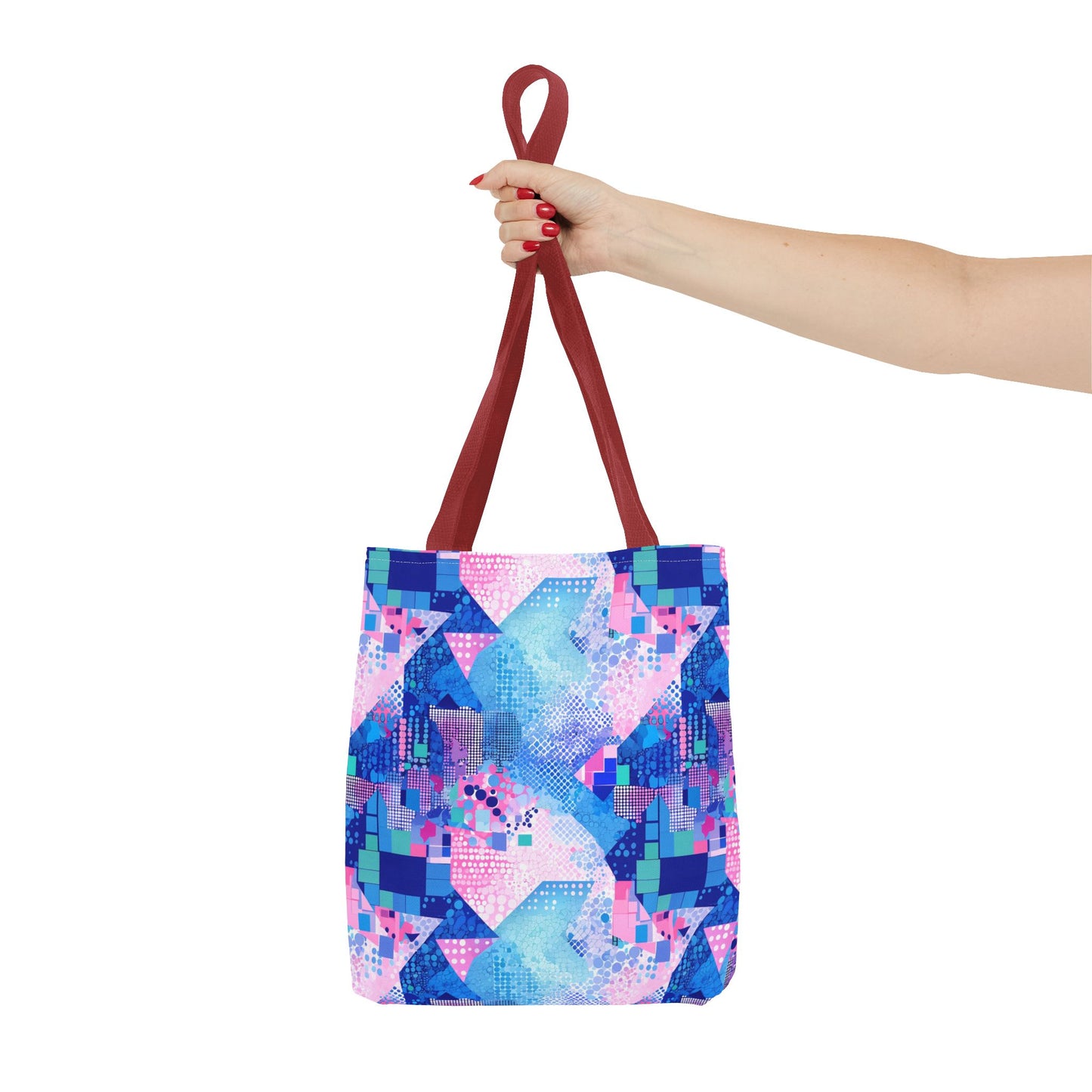 Abstract Blue Pink Geometric Tote Bag — Colorful Patterned All-Over Print Tote