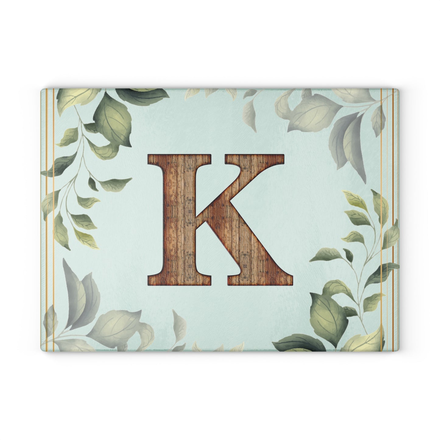 Monogram K Glass Cutting Board – Floral Leaf Kitchen Decor, Personalized Initial Serving Board