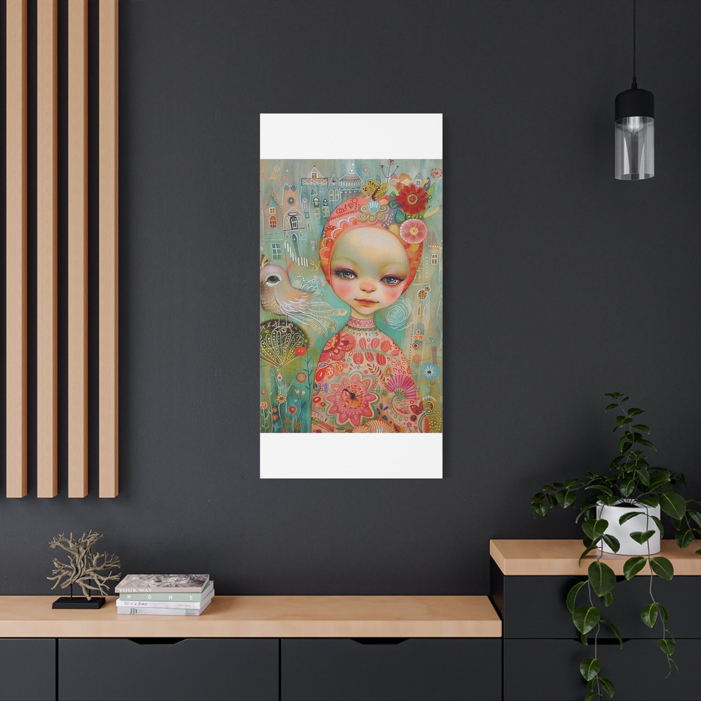 Whimsical Girl & Bird Matte Canvas Wall Art — Stretched Decorative Painting