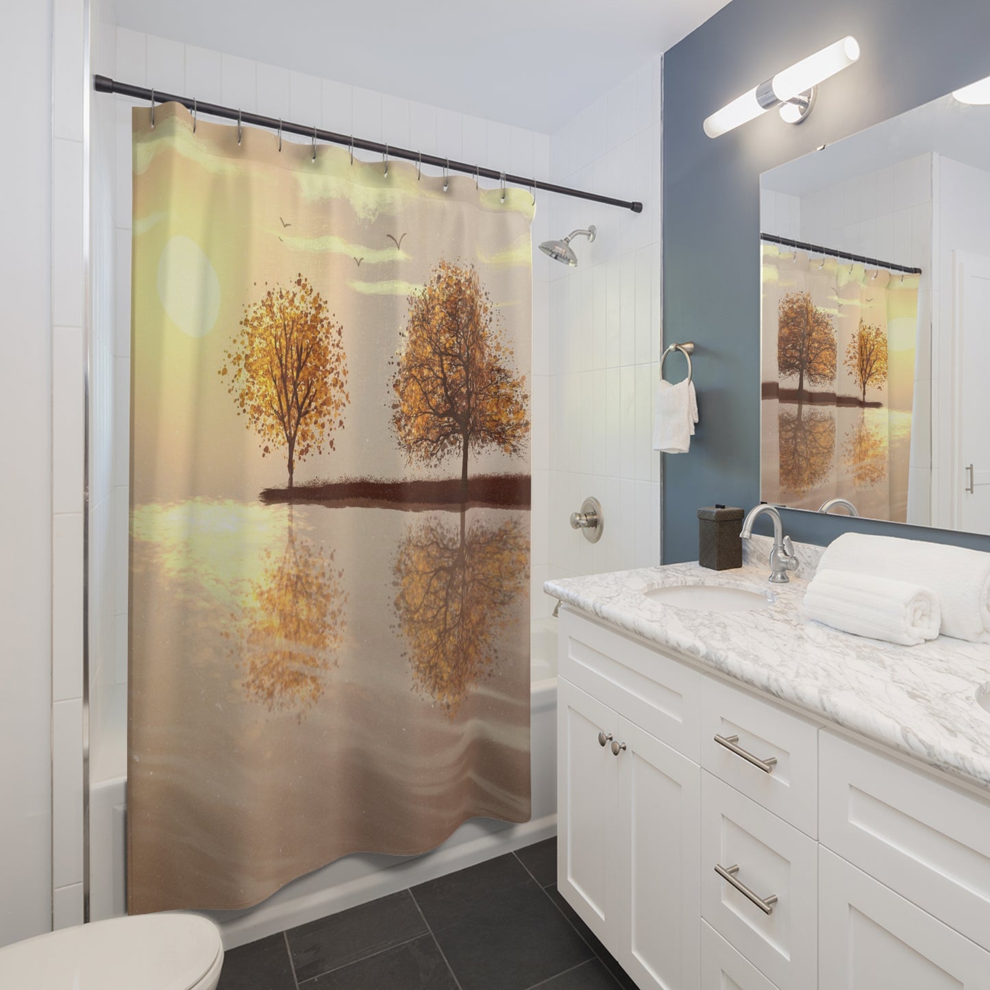 Autumn Reflection Shower Curtain — Golden Trees Sunrise Bathroom Decor