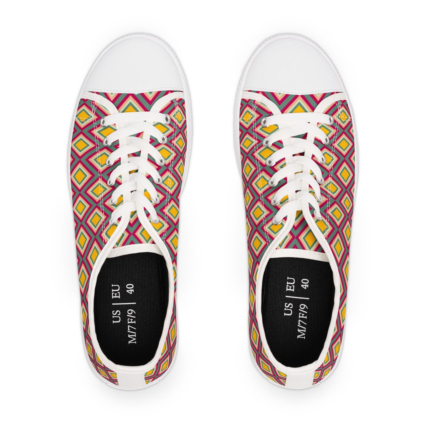 Low Top Sneakers — Retro Diamond Pattern Pink Yellow Casual Women's Shoes