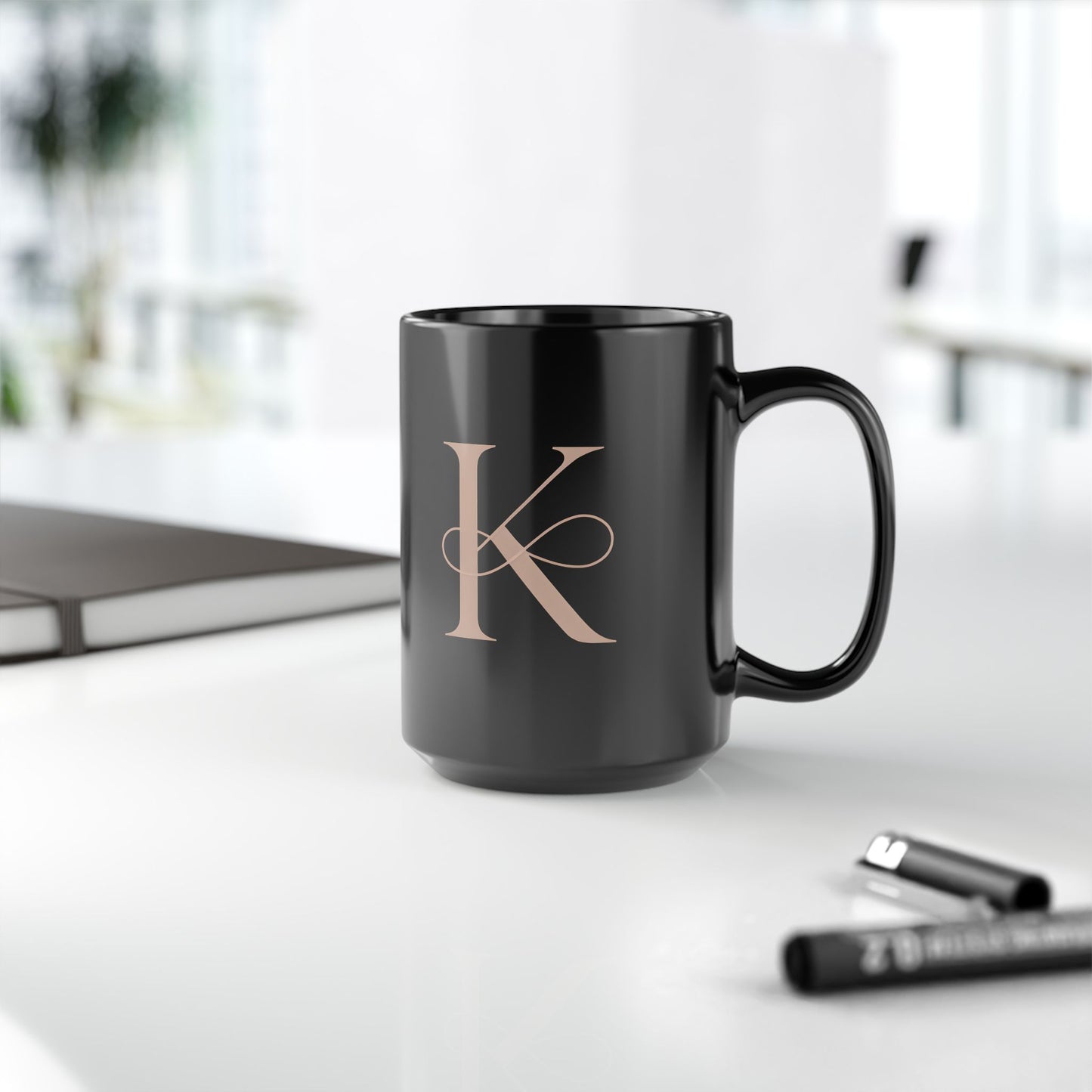 Monogram K Black Ceramic Mug – Elegant Rose Gold Initial Coffee Cup, 15oz