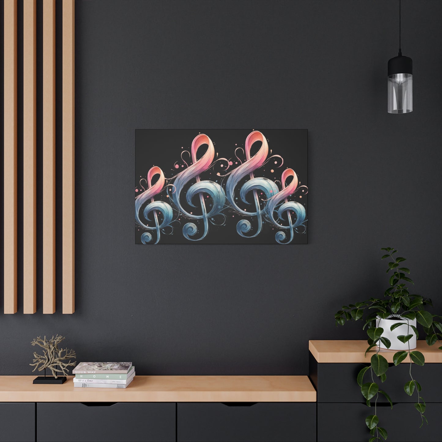 Musical Treble Clef Canvas Wall Art — Pastel Ribbon Notes on Black