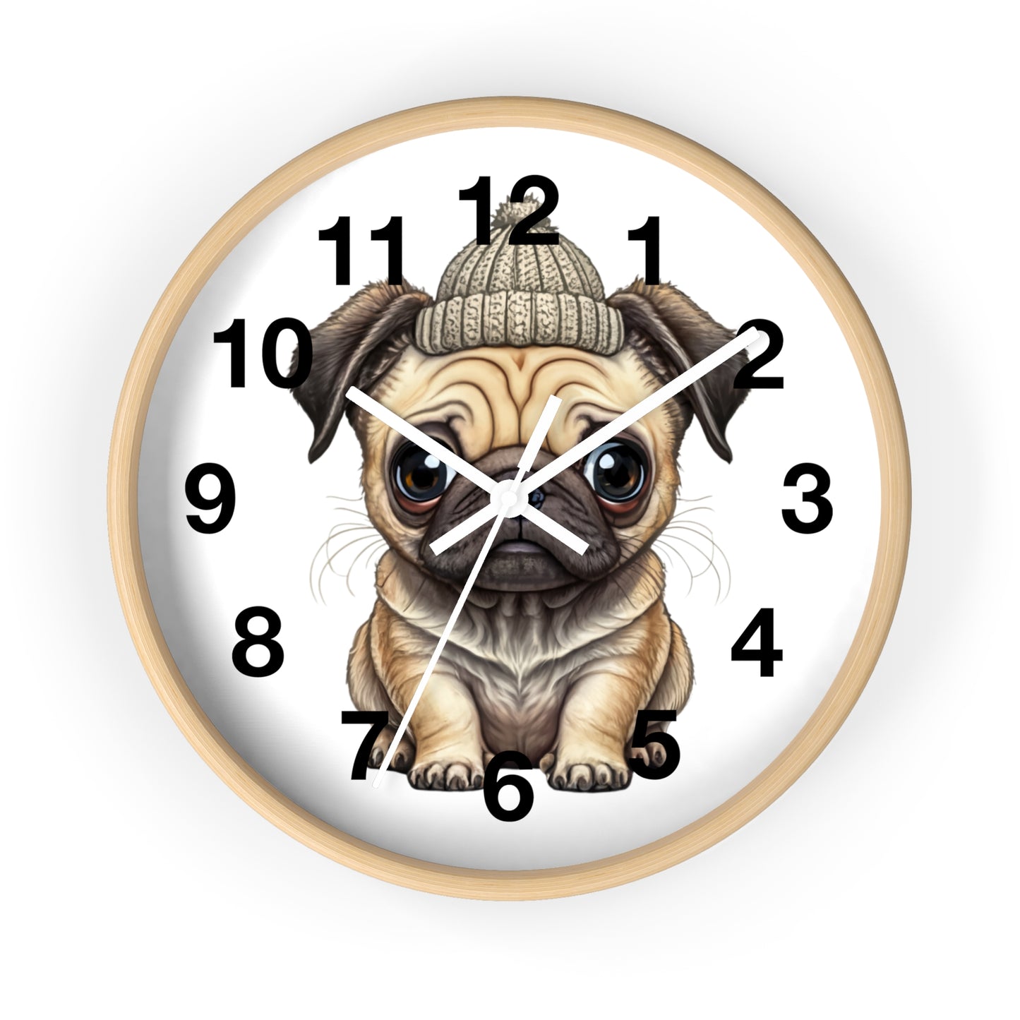Cute Pug Wall Clock — Adorable Pug Puppy in Beanie Decorative Clock for Dog Lovers