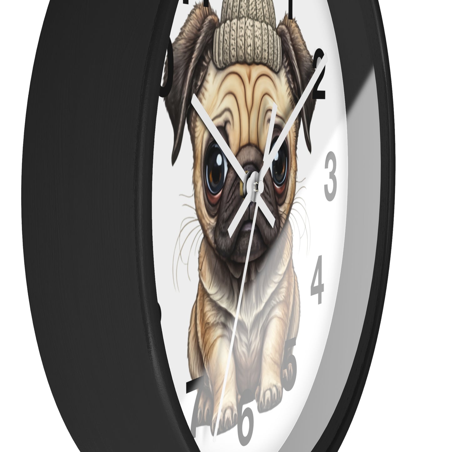 Cute Pug Wall Clock — Adorable Pug Puppy in Beanie Decorative Clock for Dog Lovers