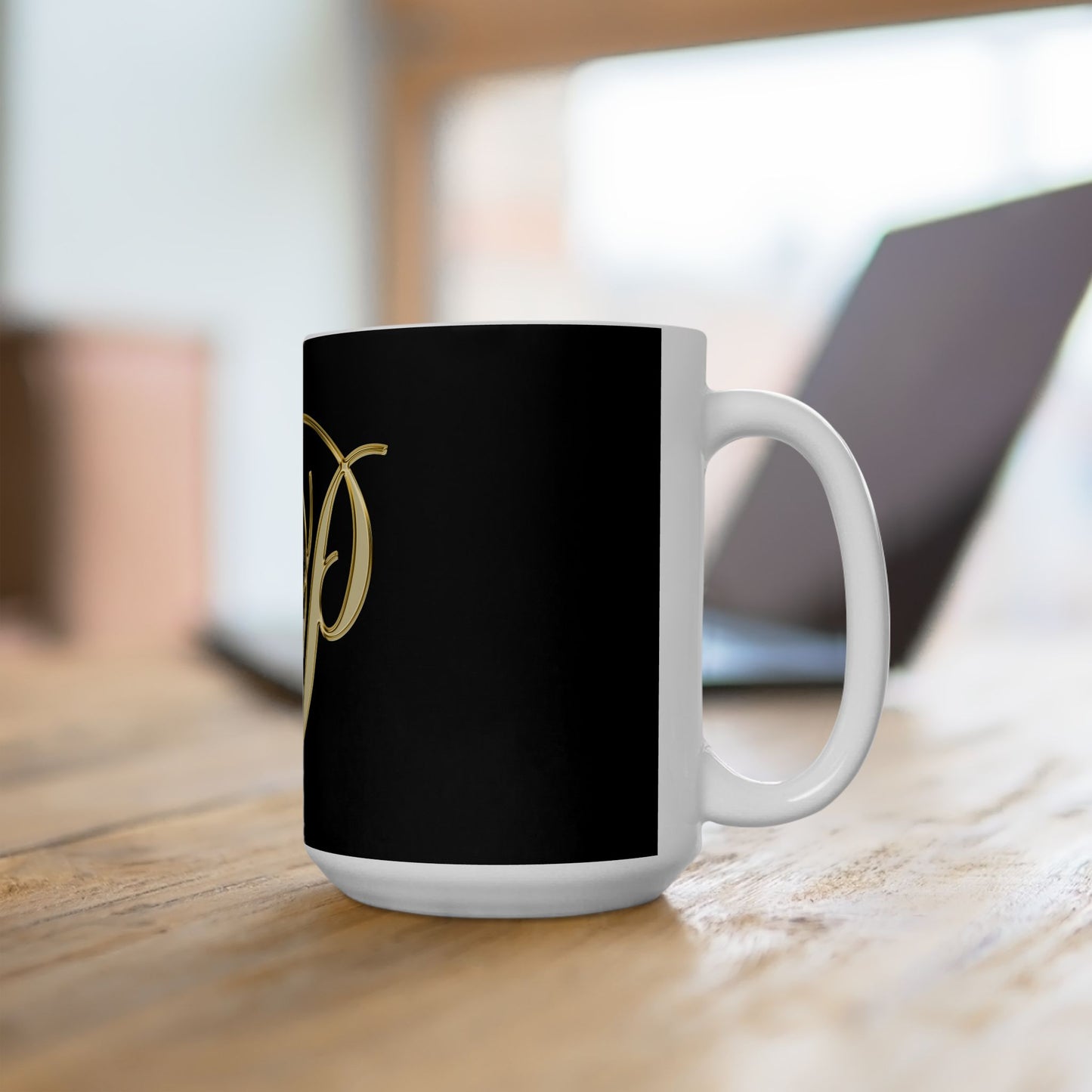 Gold Script Letter P Ceramic Mug – Elegant Monogram Coffee Cup (11oz, 15oz)