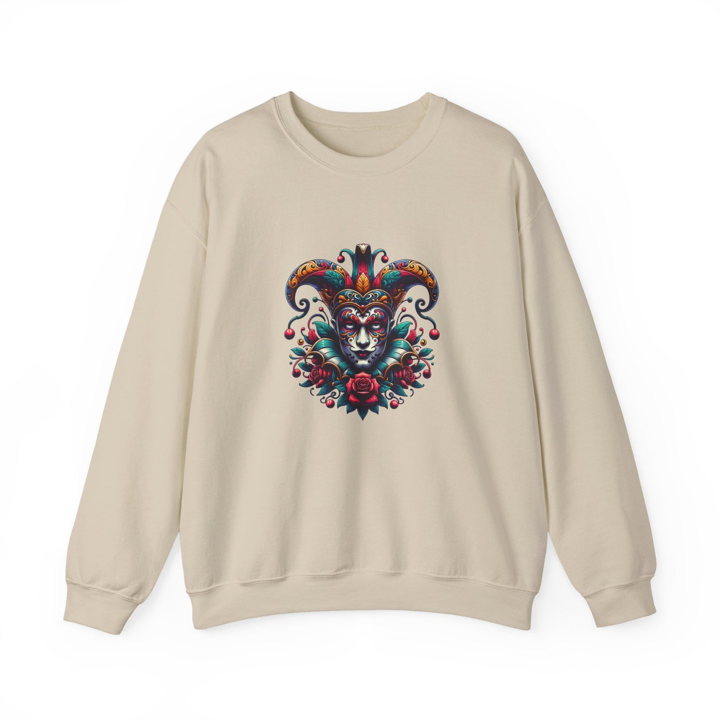 Colorful Jester Sweatshirt, Unisex Heavy Blend Crewneck, Unique Art Apparel, Trendy Fashion, Cozy Gift for Adults