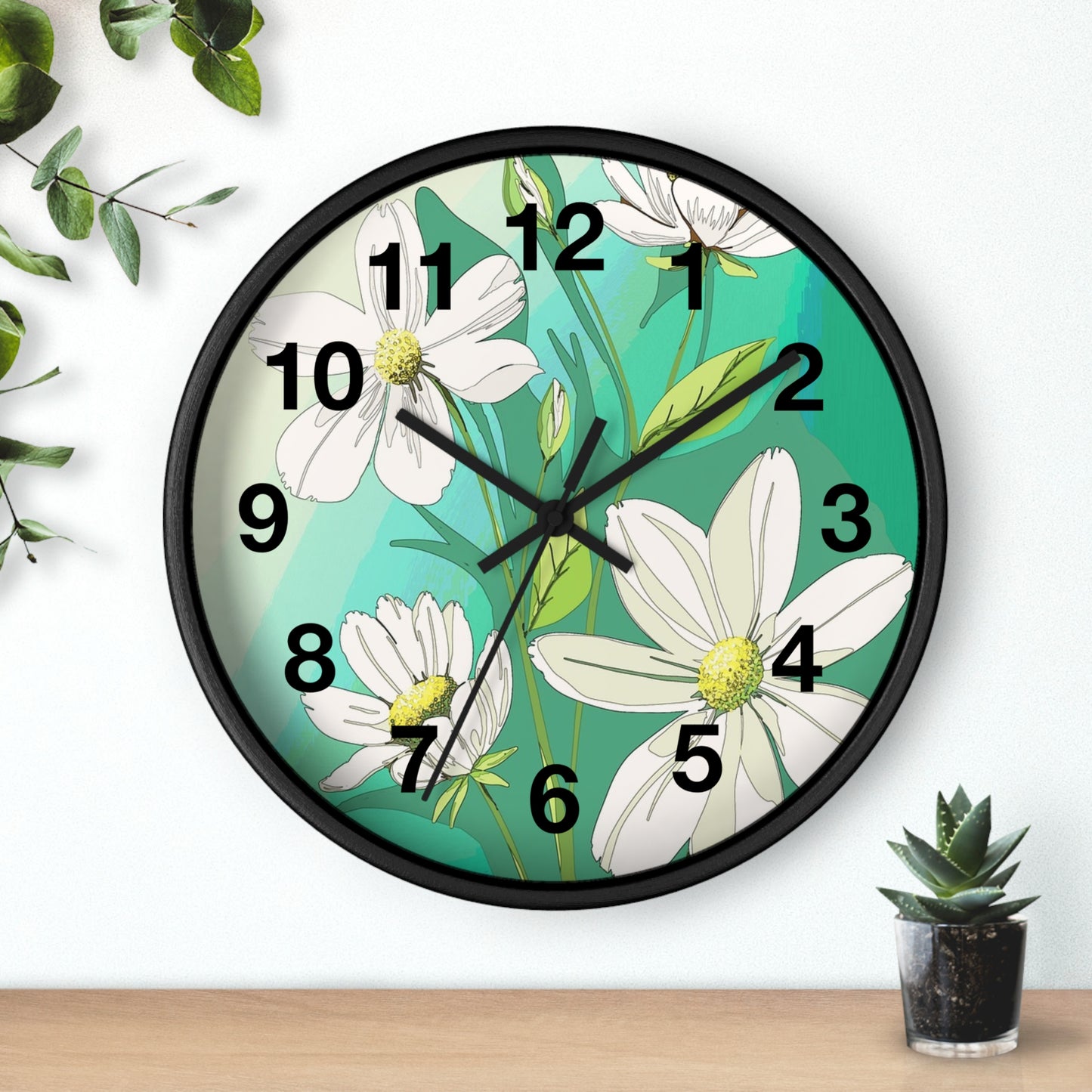 Wall Clock - Green White Floral