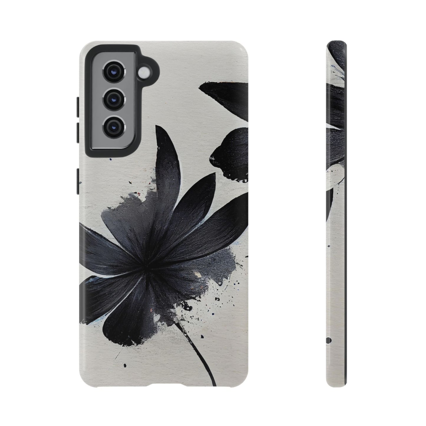 Monochrome Floral Tough Phone Case — Black Ink Flower Protective Cover