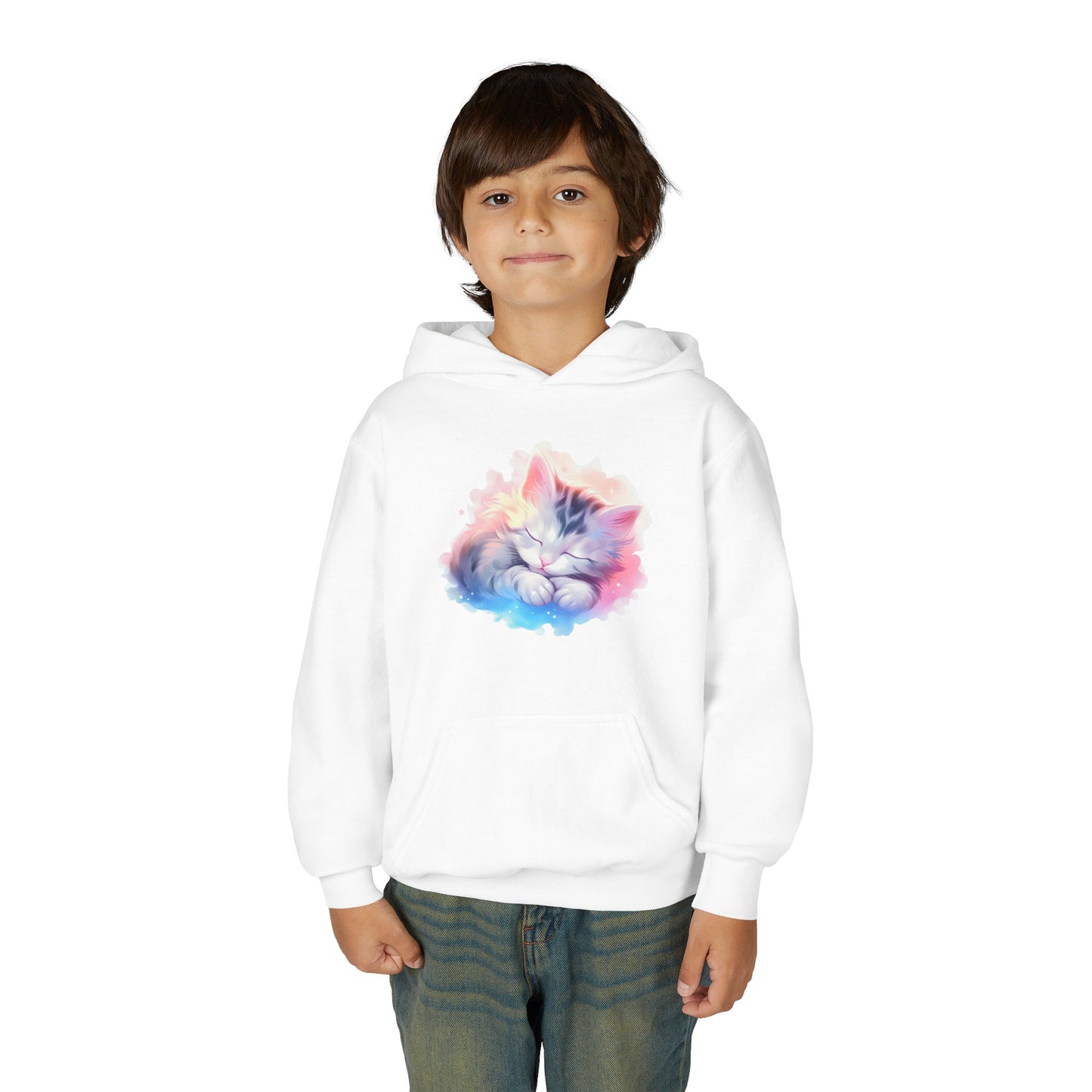 Kids' Cozy Rainbow Kitten Hoodie — Cute Sleeping Cat Youth Sweatshirt