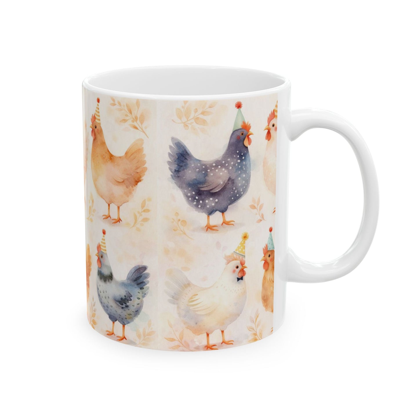 Cute Farm Chicken Mug — Watercolor Hens with Party Hats (11oz, 15oz)