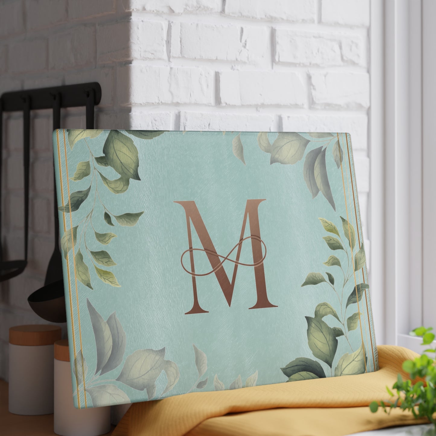 Monogram M Glass Cutting Board — Floral Mint Kitchen Decor