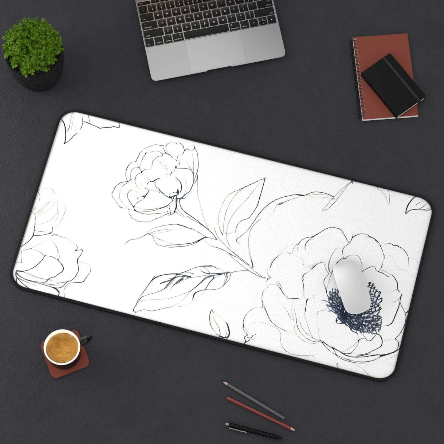 Floral Sketch Desk Mat — Minimal Black & White Blossom Mousepad