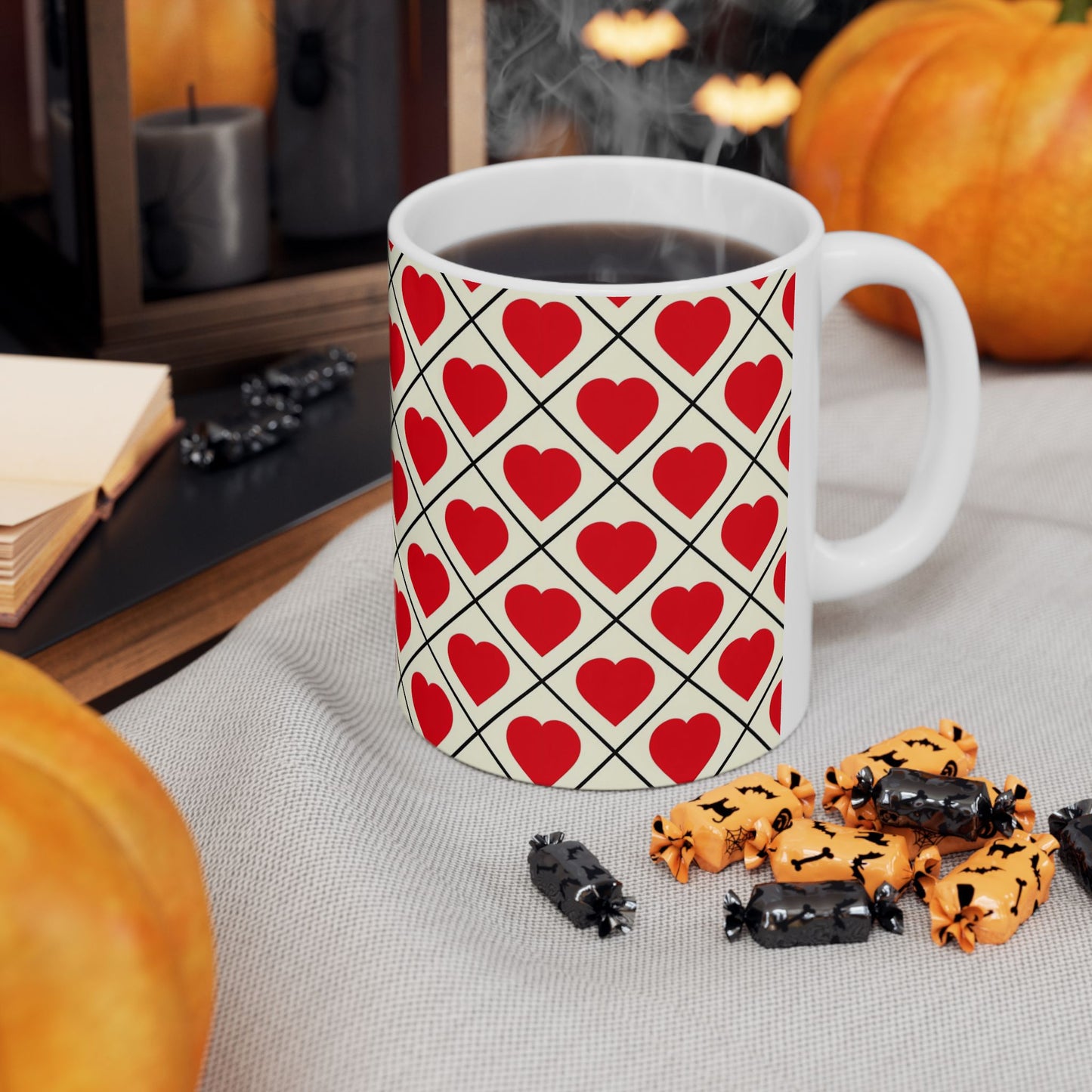 Heart Pattern Ceramic Mug – Red Hearts Grid Coffee Cup (11oz, 15oz)