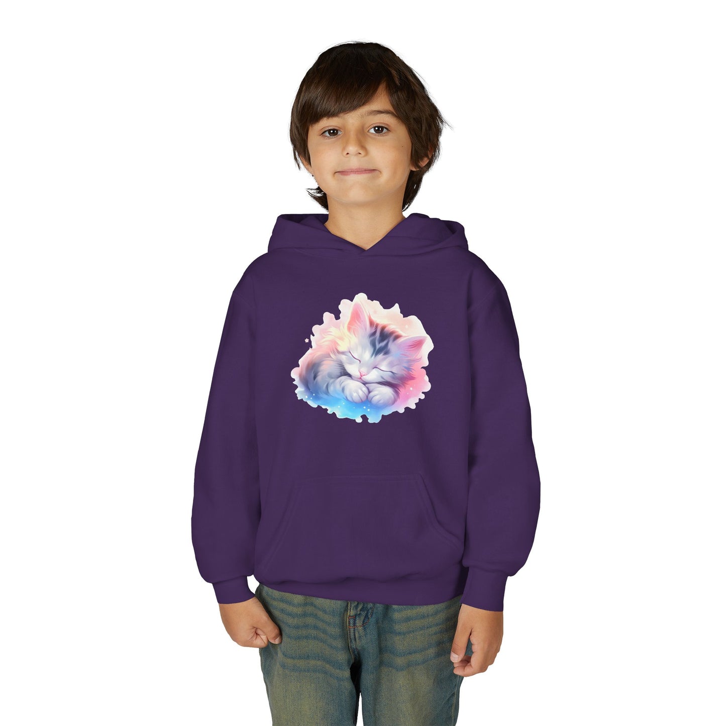 Kids' Cozy Rainbow Kitten Hoodie — Cute Sleeping Cat Youth Sweatshirt
