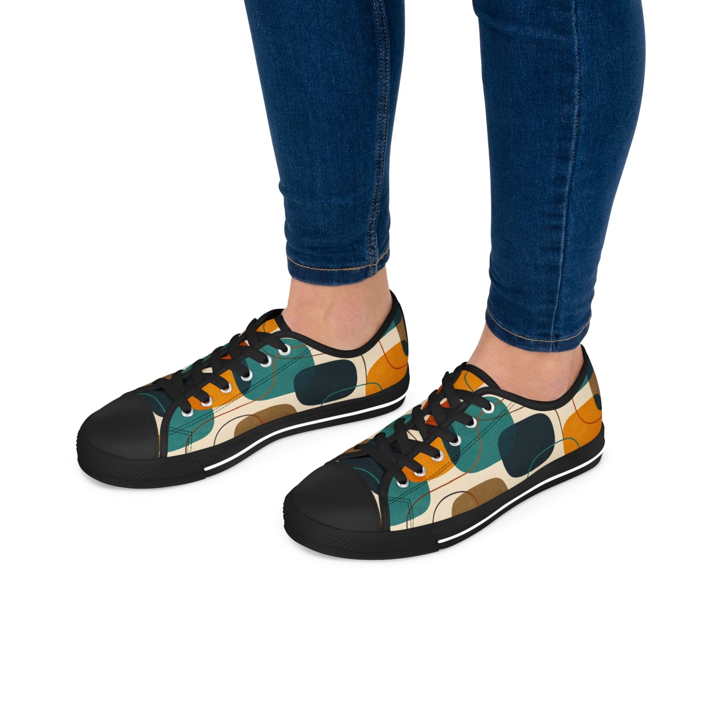 Low Top Sneakers — Retro Abstract Teal & Mustard Geometric Pattern