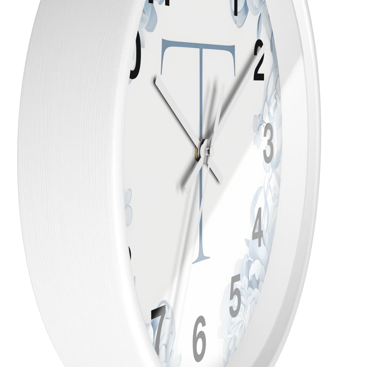 Monogram T Floral Wall Clock — Elegant Blue Initial T Home Decor