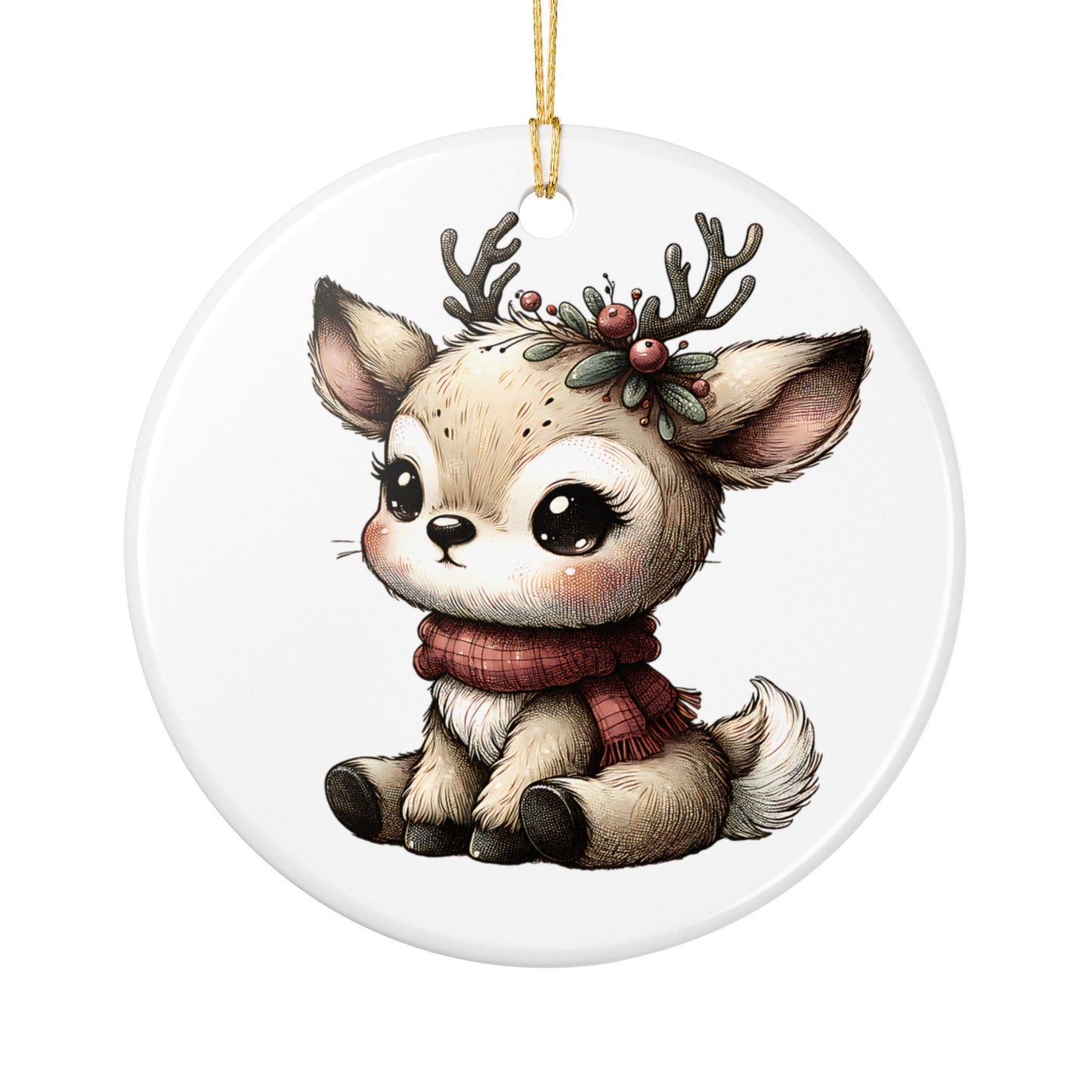 Cute Baby Reindeer Ceramic Ornament – Two-Sided Holiday Tree Decoration