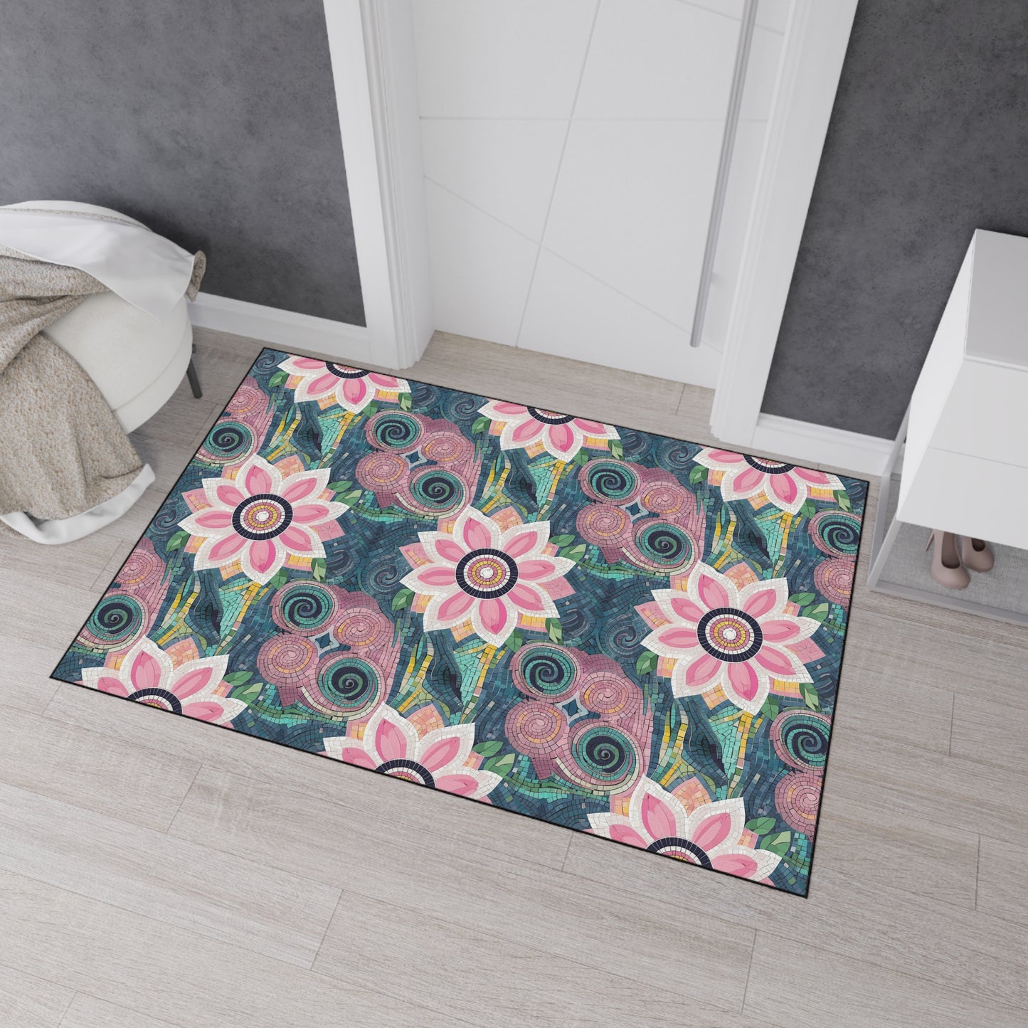 Floral Boho Heavy-Duty Floor Mat — Pink Lotus Pattern Rug