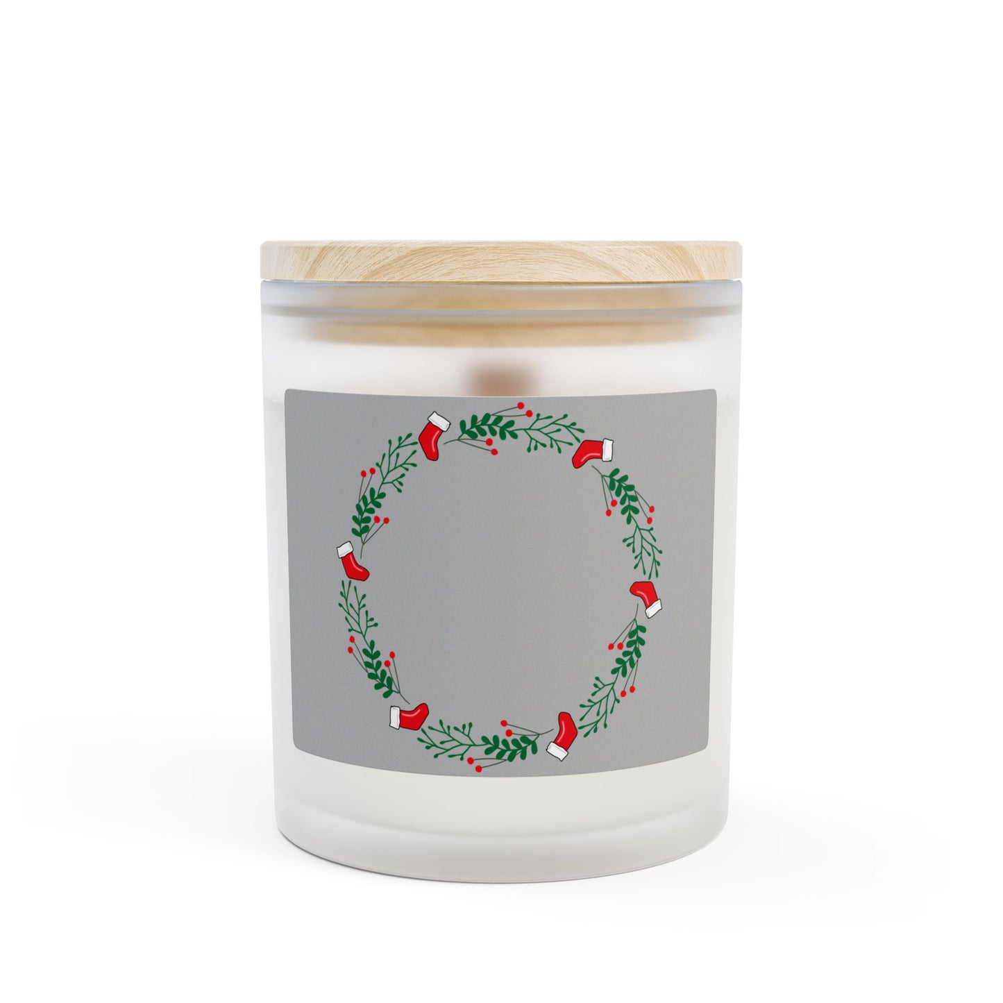 Holiday Wreath Frosted Glass Candle — 11oz Christmas Soy Candle with Wooden Lid