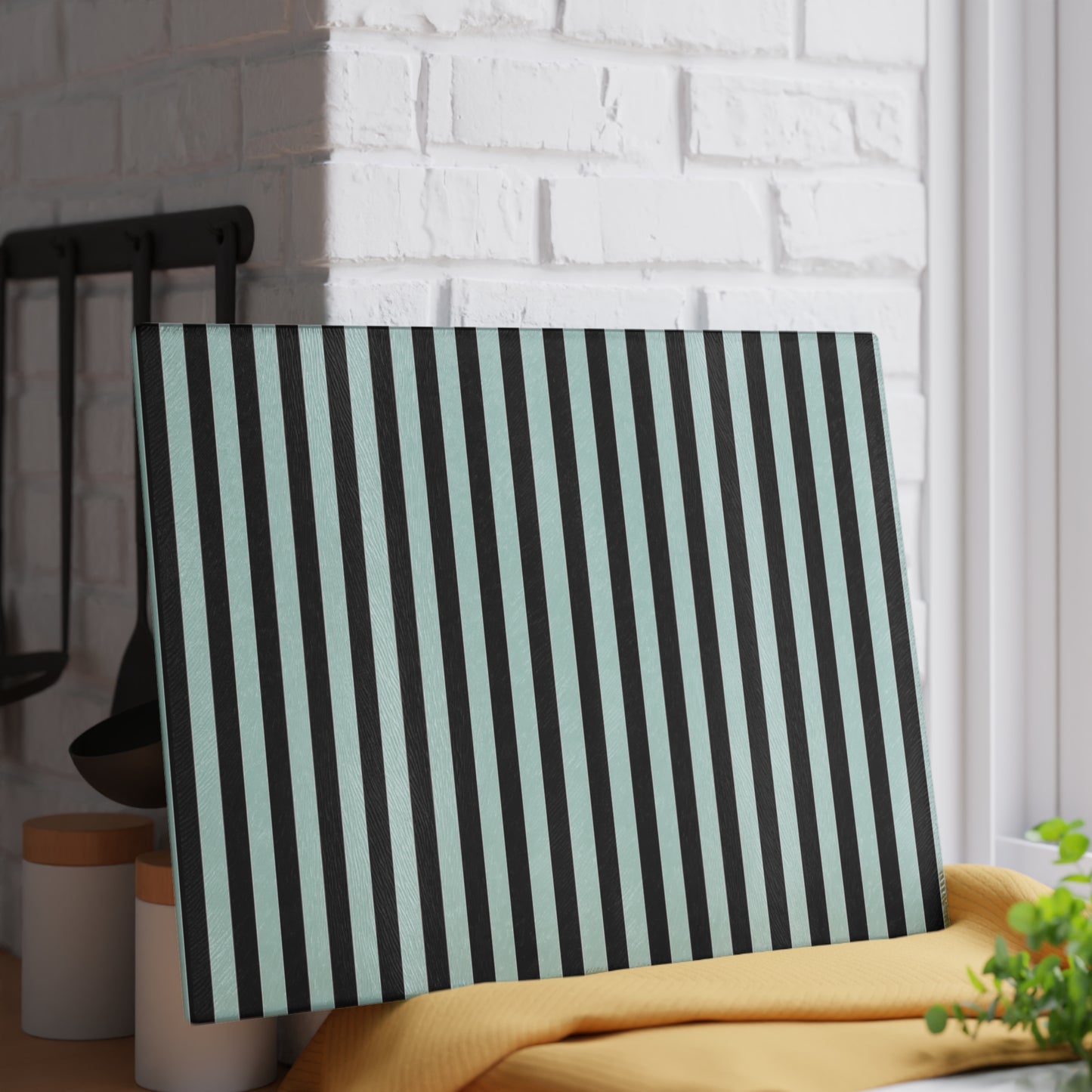 Striped Glass Cutting Board – Black & Mint Vertical Stripe Kitchen Board