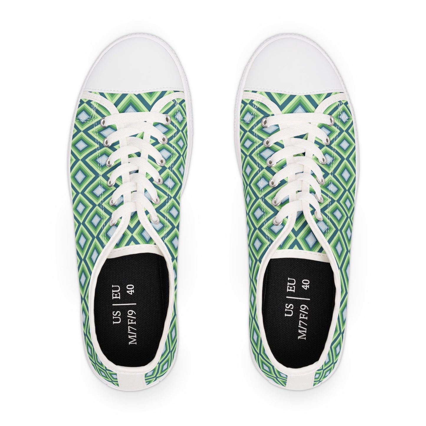 Green Geometric Diamond Pattern Women's Low Top Sneakers — Casual Retro Graphic Tennis Shoes