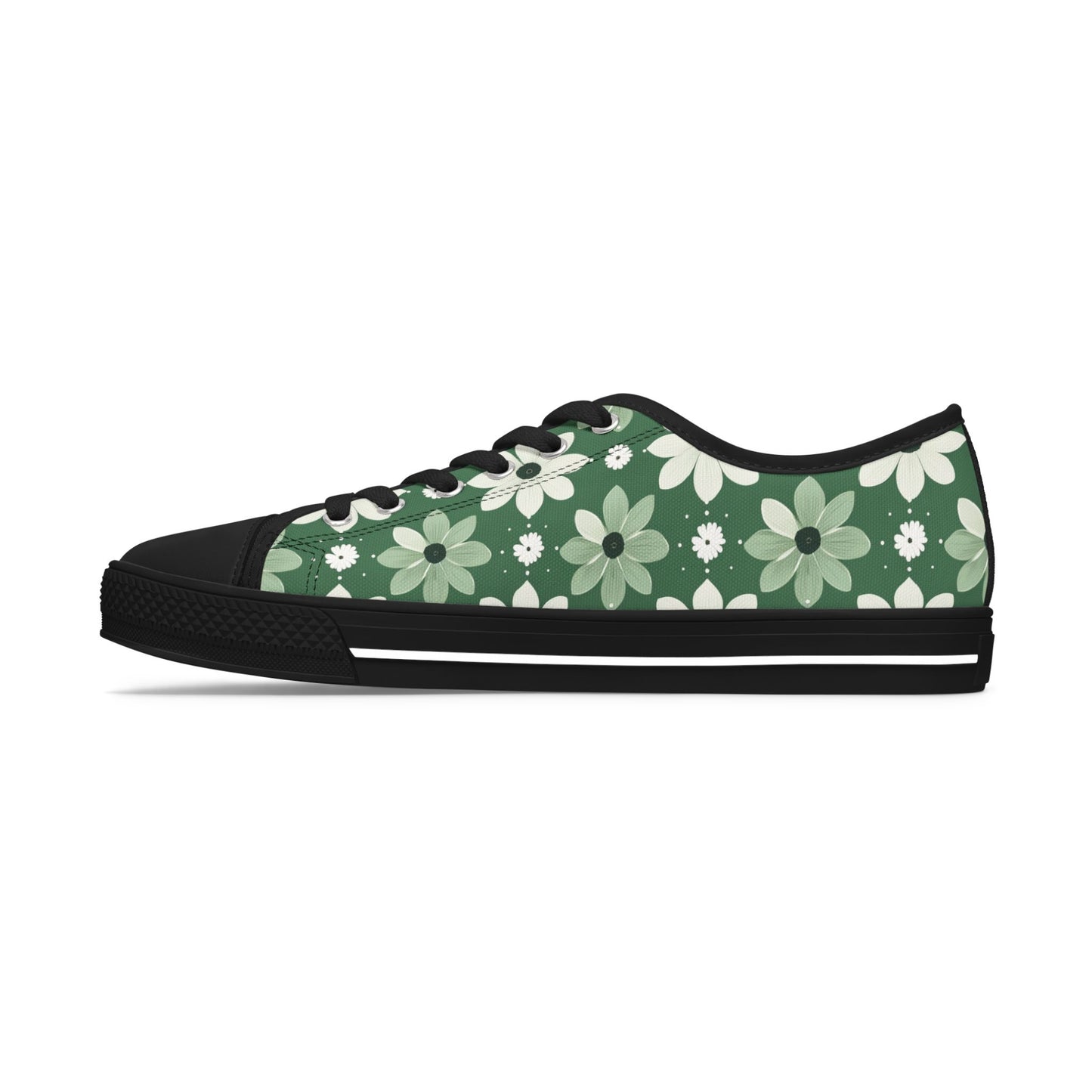 Floral Green Daisy Low Top Sneakers — Casual Garden Print Shoes