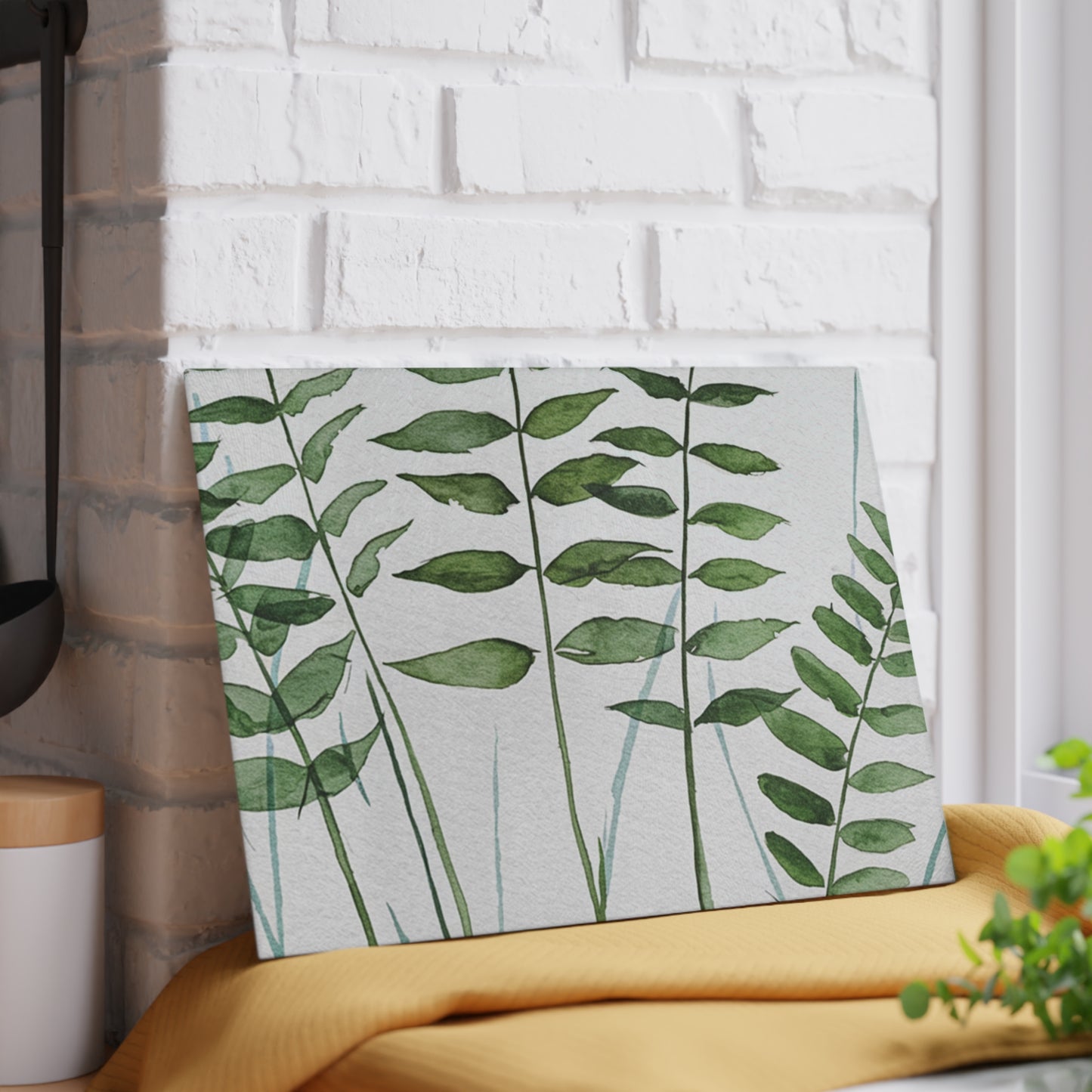 Glass Cutting Board - Green Watercolor Ferns Kitchen Prep Board