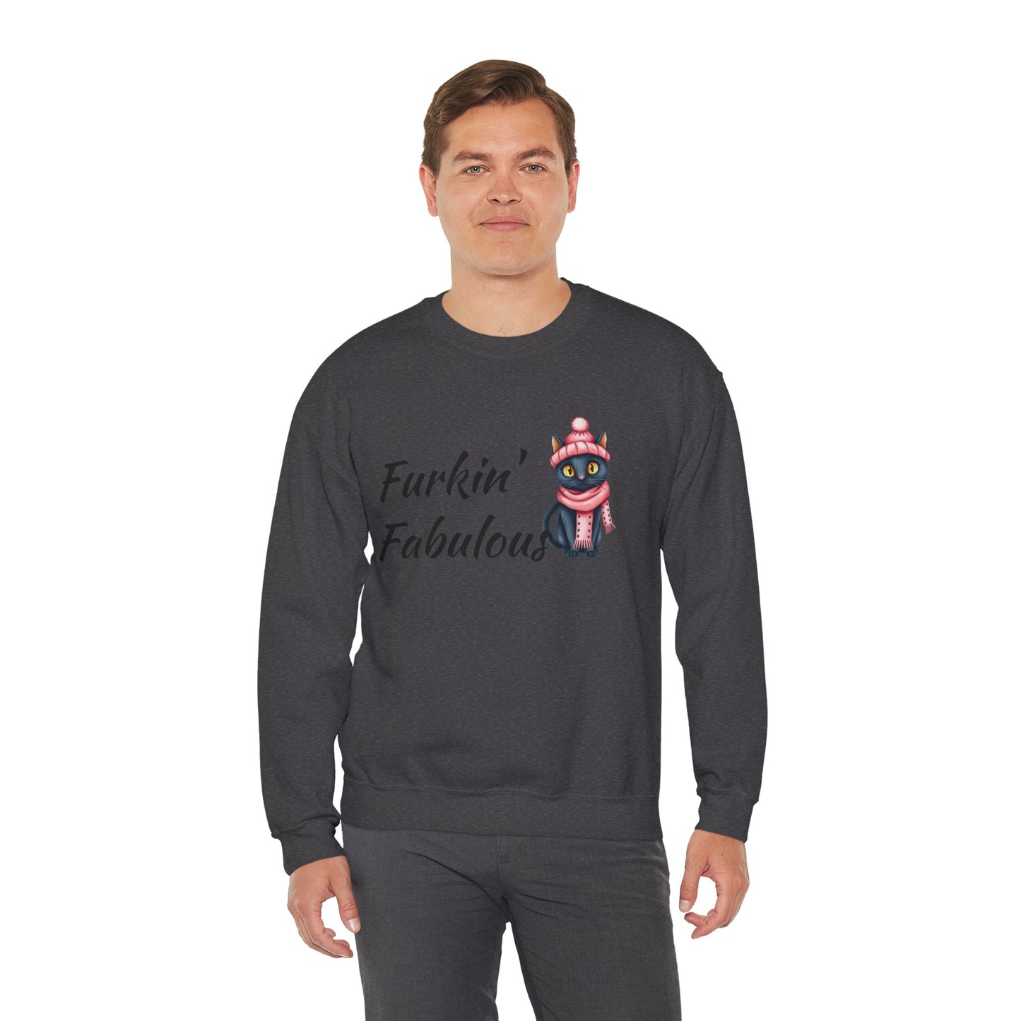 Crewneck Sweatshirt — "Furkin' Fabulous" Cute Black Cat in Pink Hat & Scarf