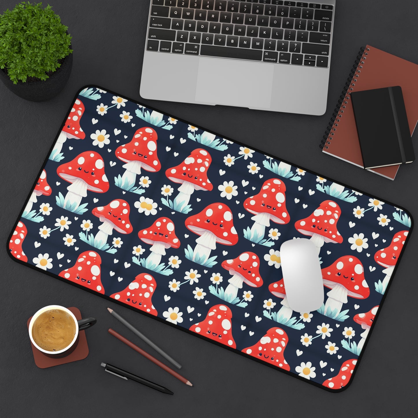 Mushroom & Daisies Desk Mat — Cute Red Toadstool Mousepad for Desk Decor