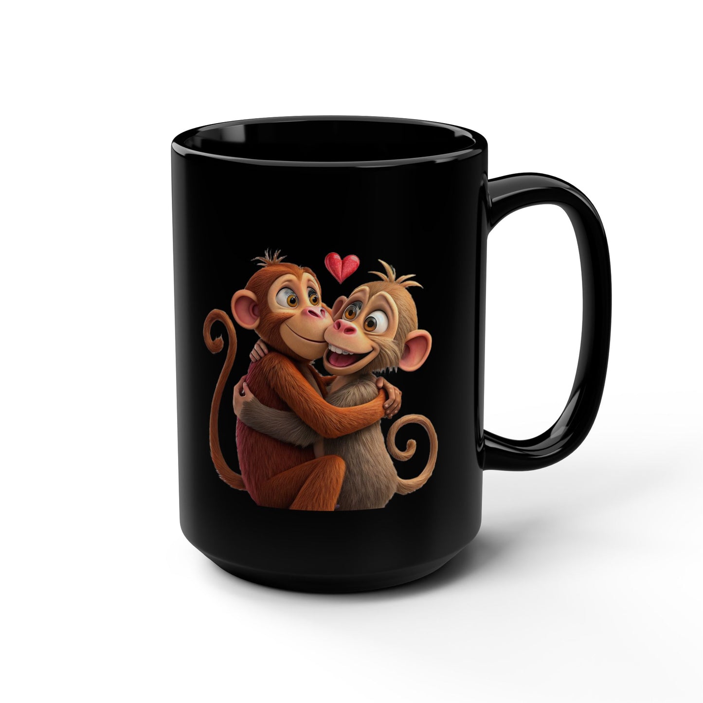 Cute Monkey Couple Black 15oz Coffee Mug — Romantic Valentine’s Gift
