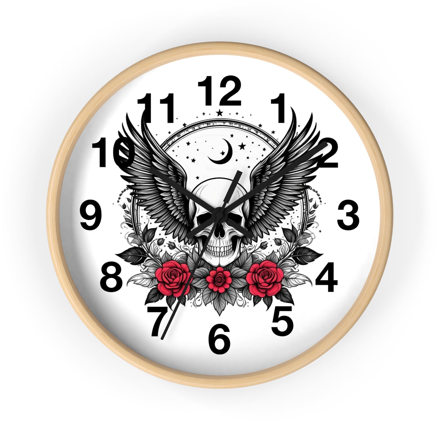 Winged Skull with Roses Wall Clock | Gothic Skull Clock