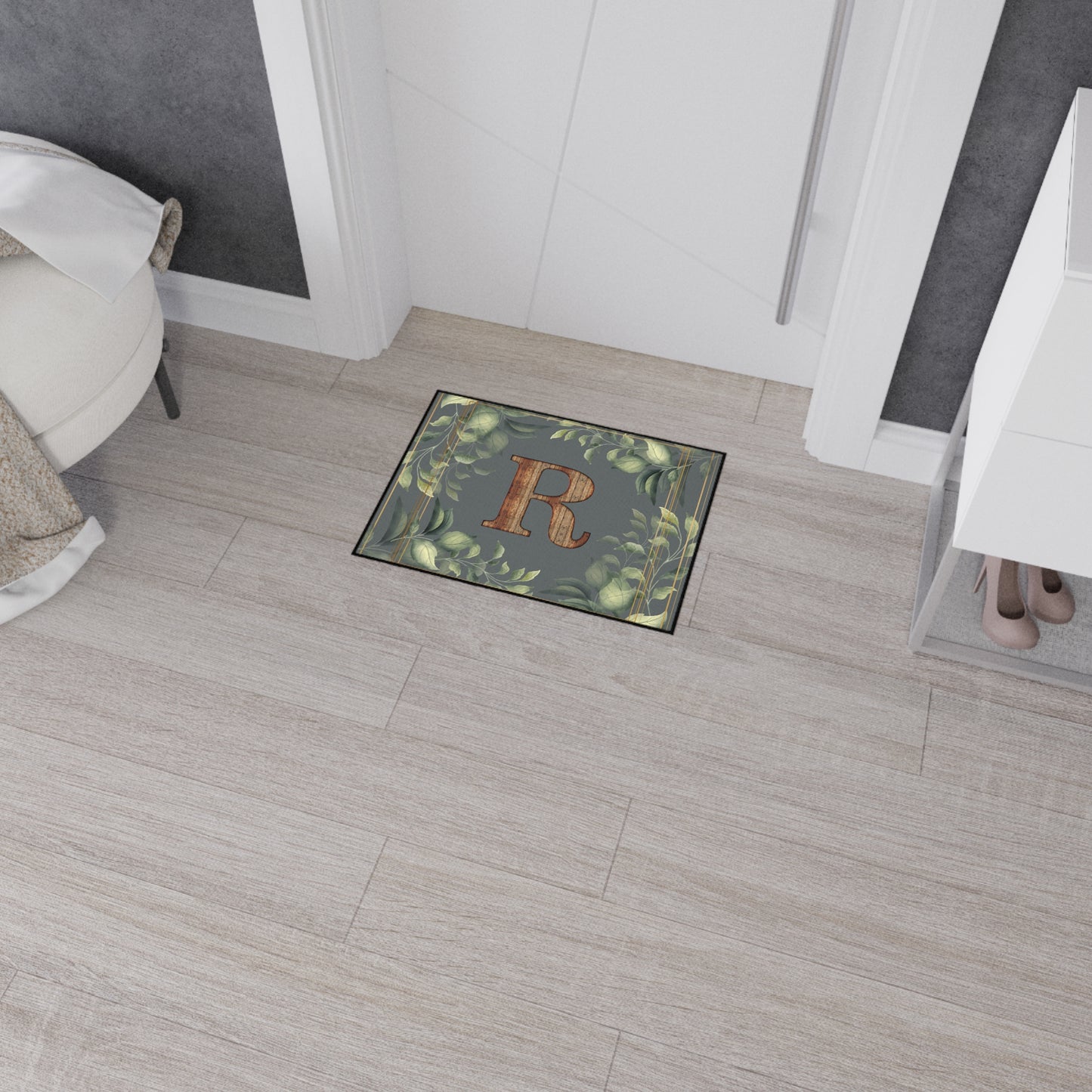 Personalized Monogram Floor Mat - Rustic Wood 'R' with Greenery Welcome Rug - Letter R