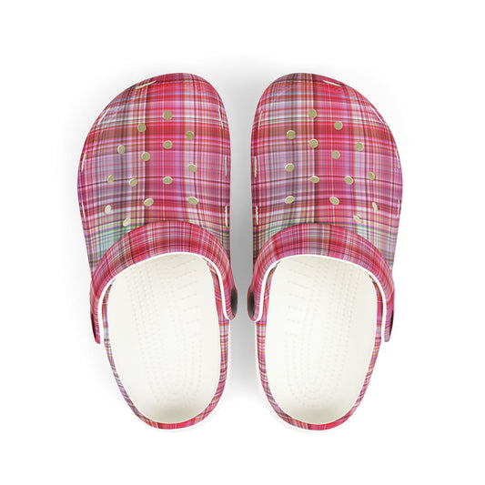 Kids Pink Plaid EVA Foam Clogs — Lightweight Slip-On Garden Shoes
