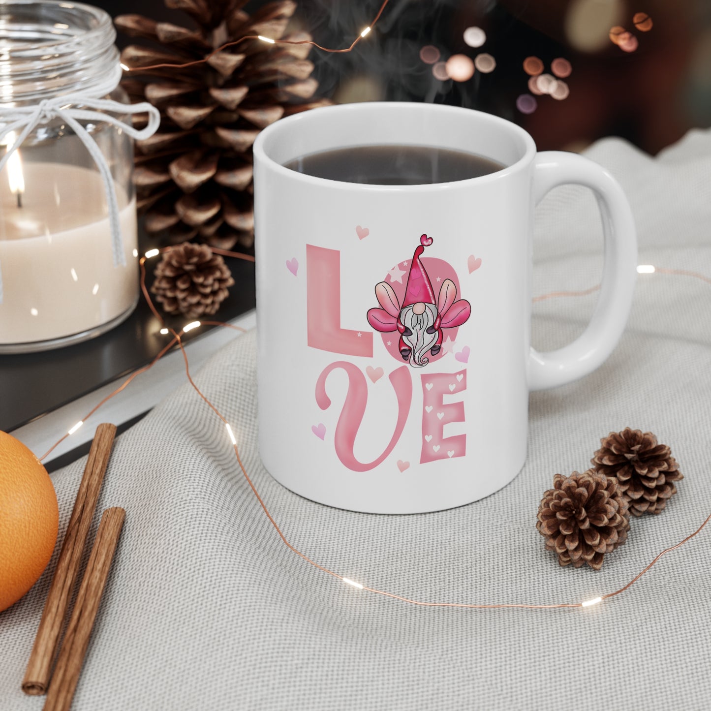Love Gnome Mug — Cute Pink Valentine Coffee Cup (11 oz)