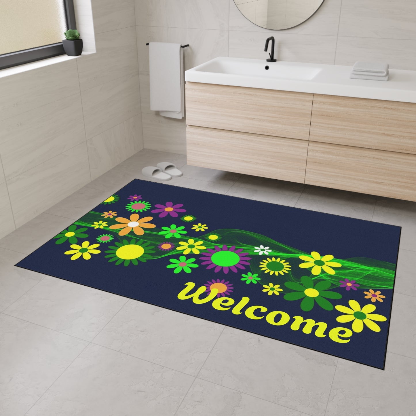 Welcome Floral Heavy-Duty Floor Mat — Colorful Spring Flowers Door Mat