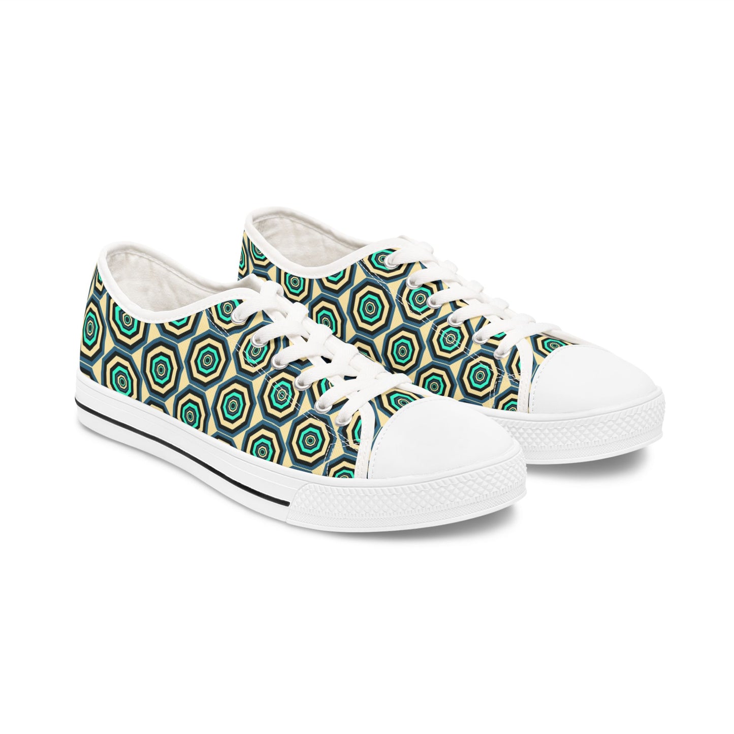 Geometric Retro Hexagon Women's Low Top Sneakers — Green Teal Patterned Canvas Shoes