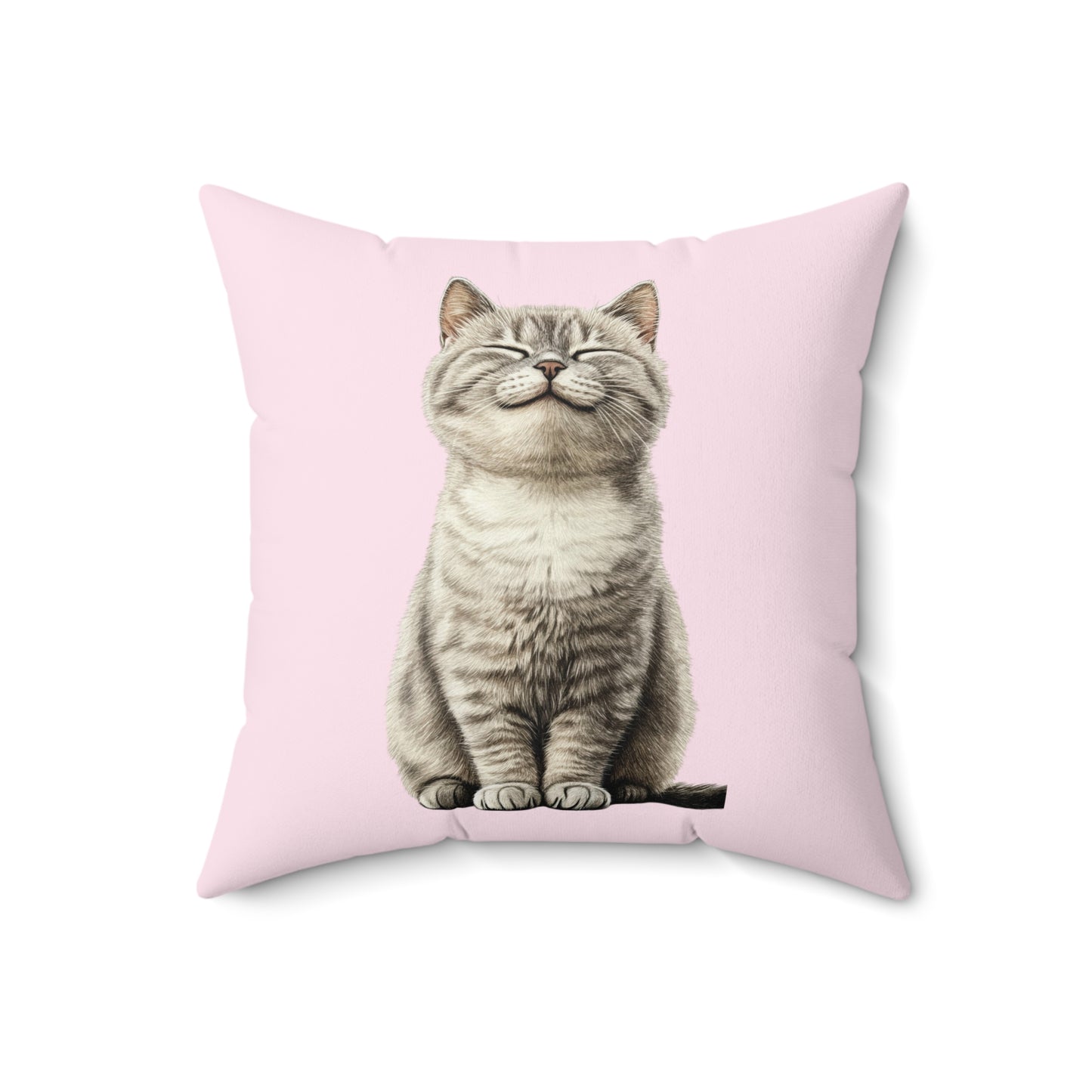Smiling Cat Throw Pillow — Cute Grey Kitten on Pink Decorative Pillow