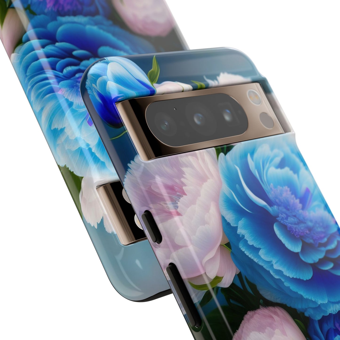 Floral Blue Peony Phone Case — Protective Tough Case with Pink & Blue Blooms
