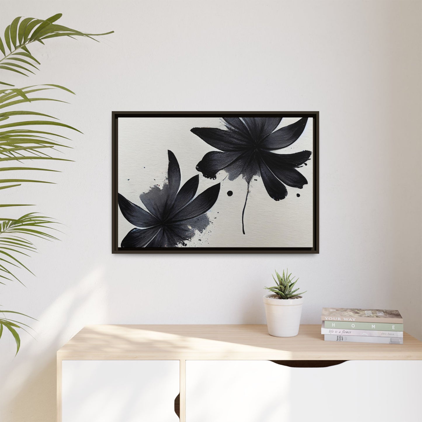 Framed Black Floral Matte Canvas Wall Art — Monochrome Botanical Print