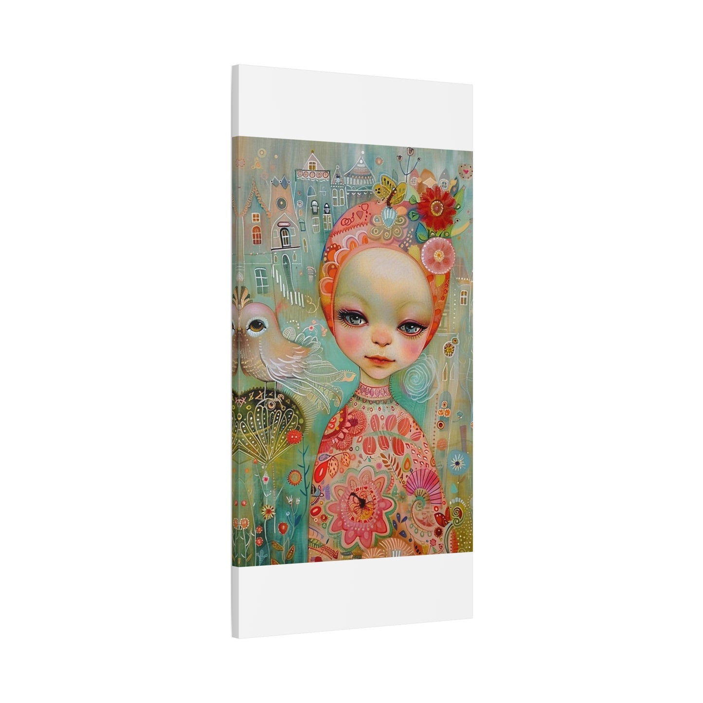 Whimsical Girl & Bird Matte Canvas Wall Art — Stretched Decorative Painting