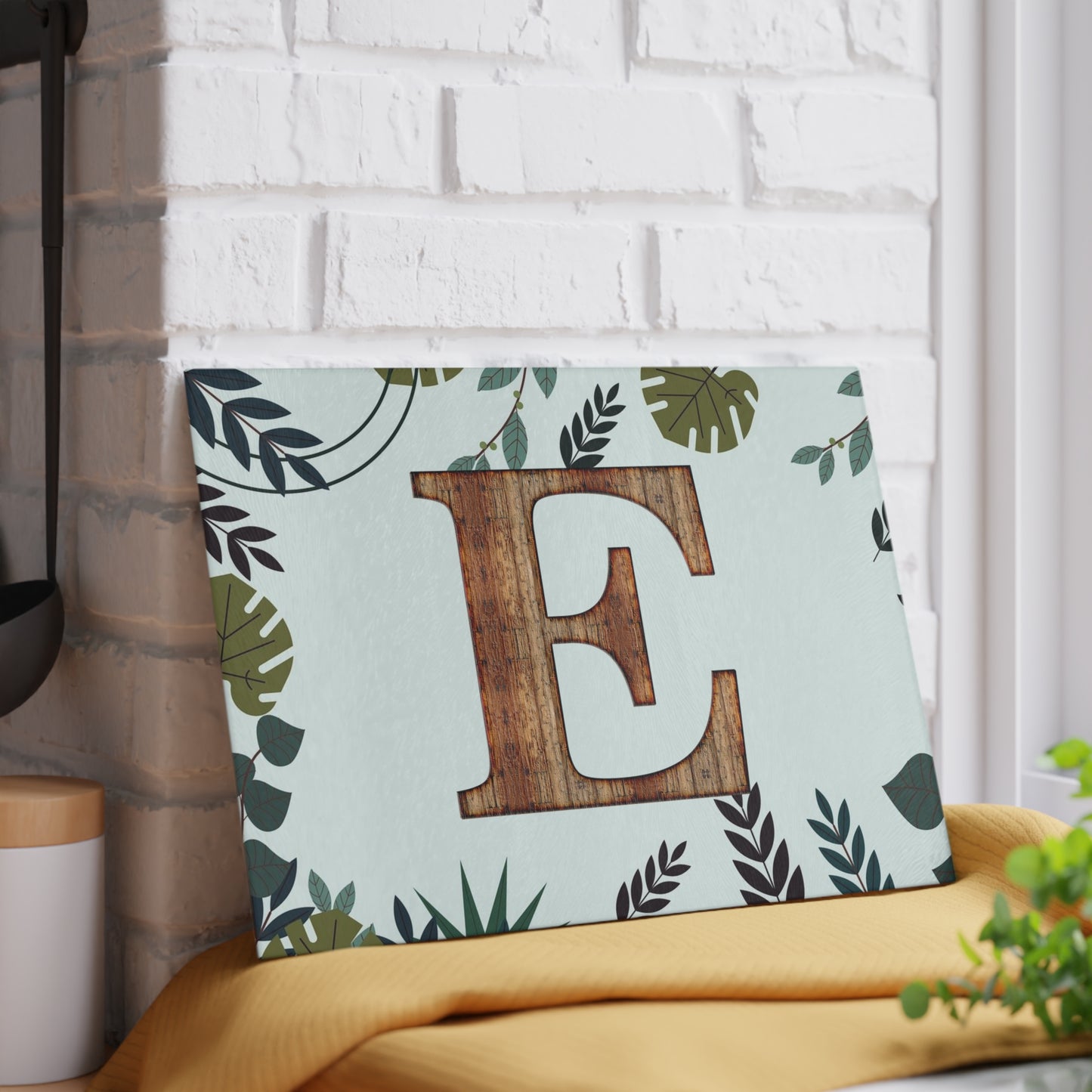 Monogram Glass Cutting Board — Rustic Wood ‘E’ with Tropical Leaf Border