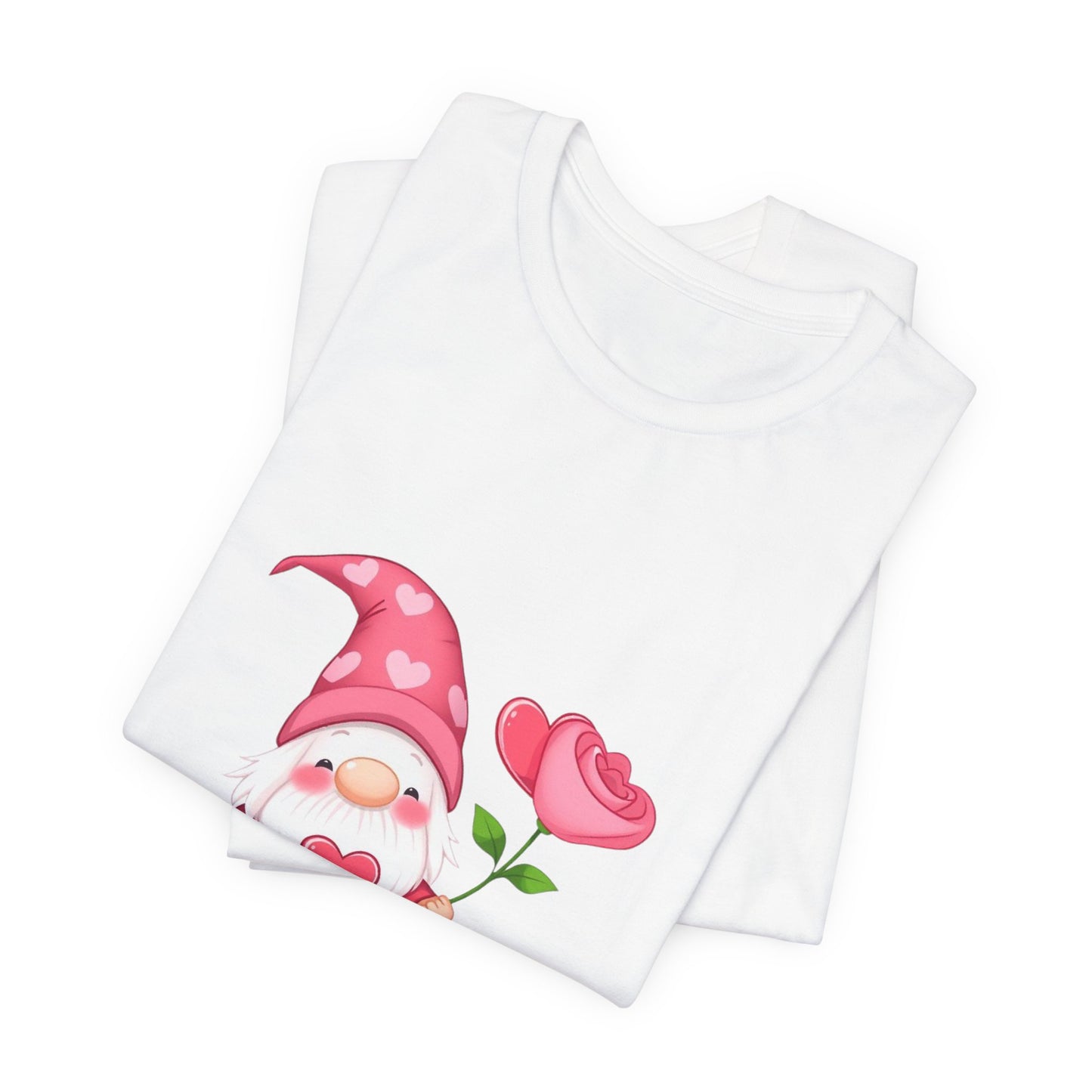 Valentine Gnome T‑Shirt — Cute Pink Gnome Holding Rose Tee