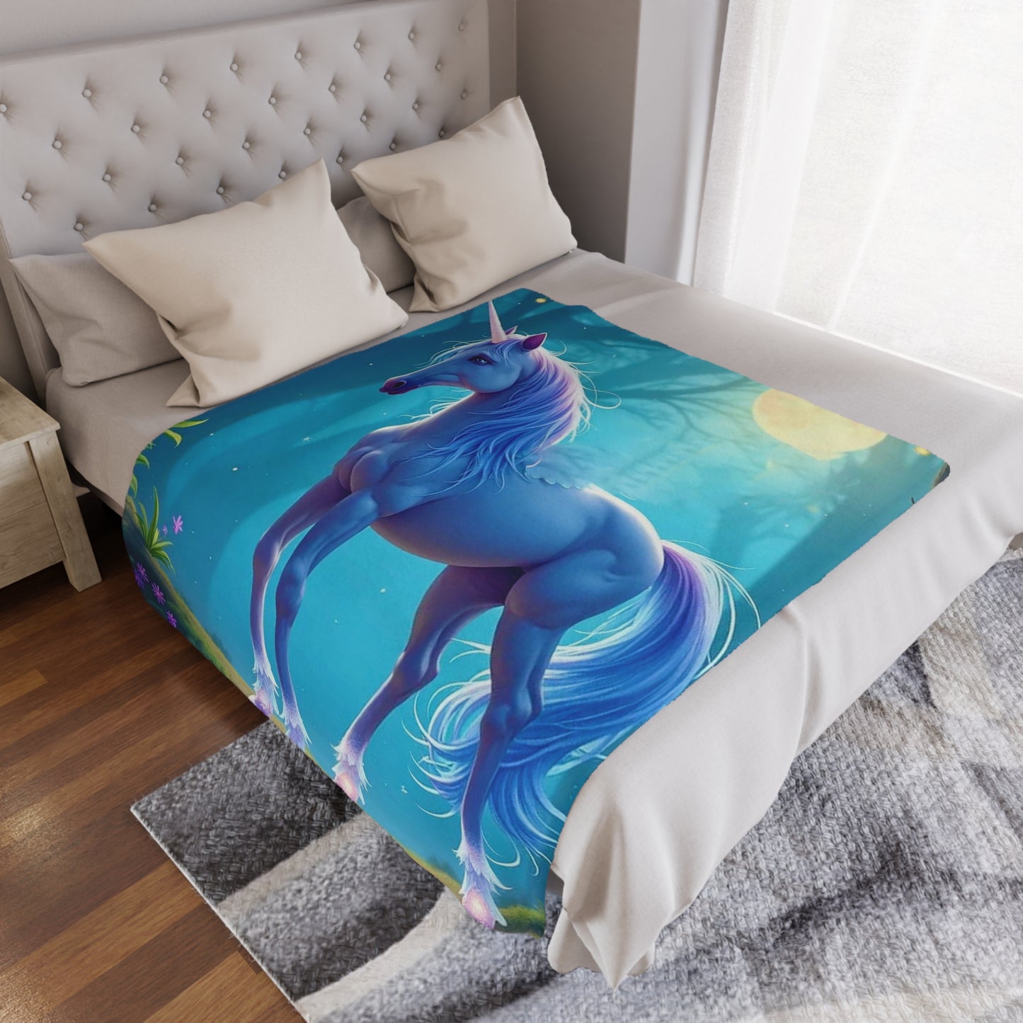 Enchanted Blue Unicorn Minky Blanket — Soft Magical Fantasy Throw for Kids & Teens