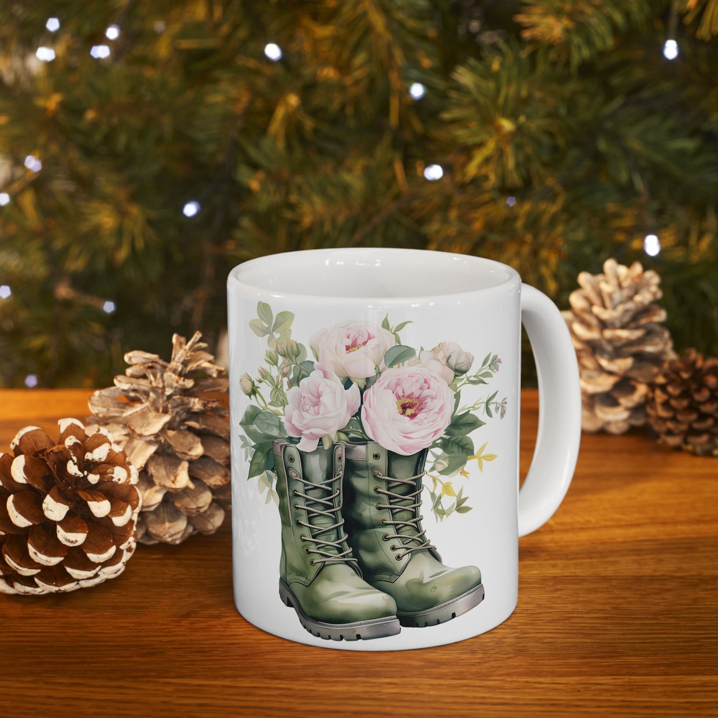 Floral Combat Boot Mug — Military Green Boot with Pink Roses Ceramic Coffee Cup (11oz & 15oz)