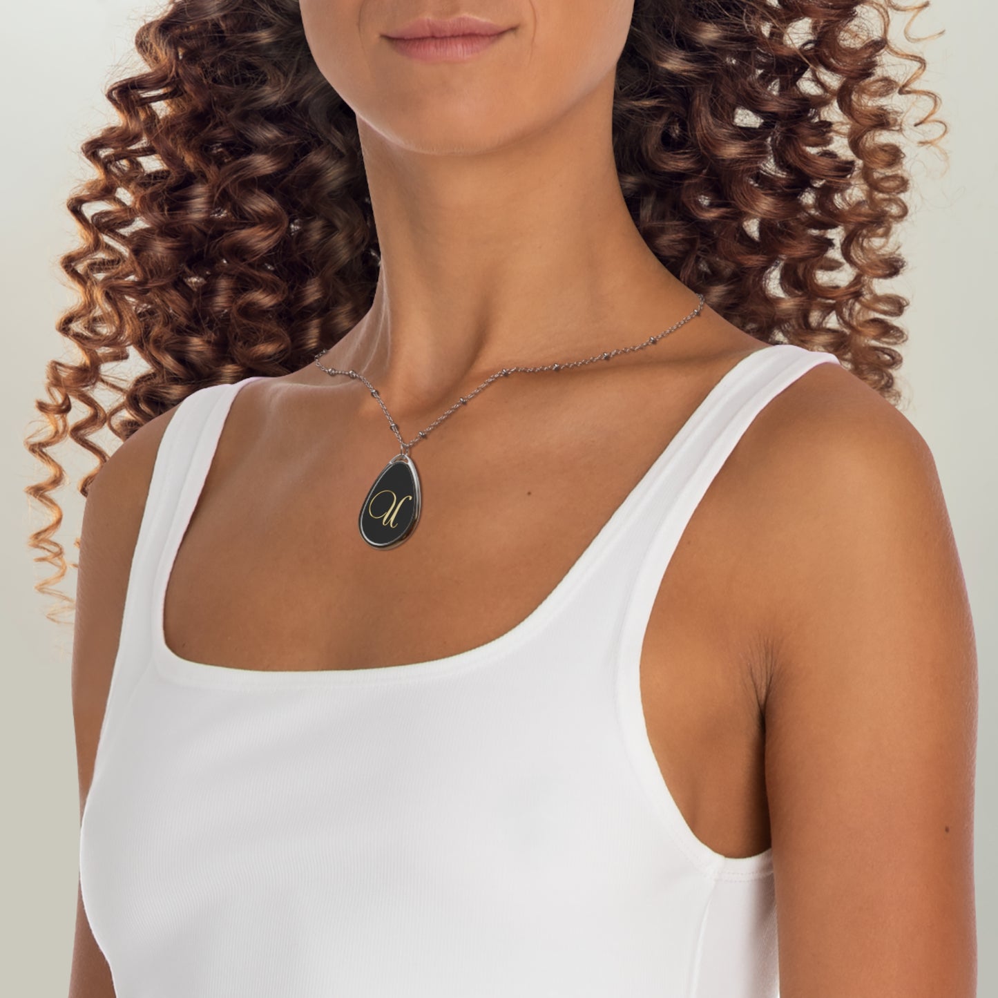 Gold Script Initial Oval Necklace — Personalized Monogram Pendant